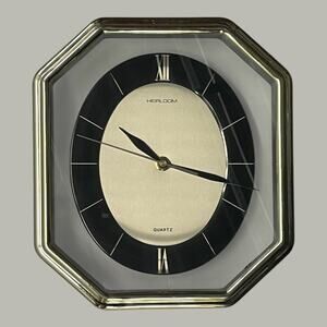 Vintage Heirloom Quartz Wall Clock Octagon Frame Black & Gold Face Clear Border